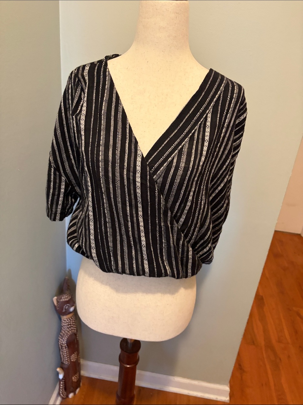 a.n.a Black and Gray Striped Wrap Blouse